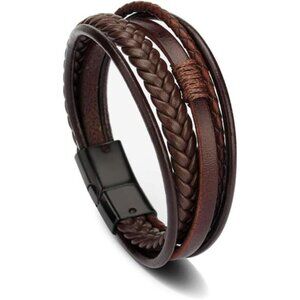 Men's Black Leather Multi-Strand Bracelet Casual Brown Braided Bracelet